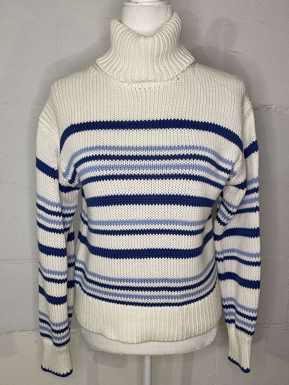 Madewell Cream Knit Turtleneck Sweater with Blue Stripes